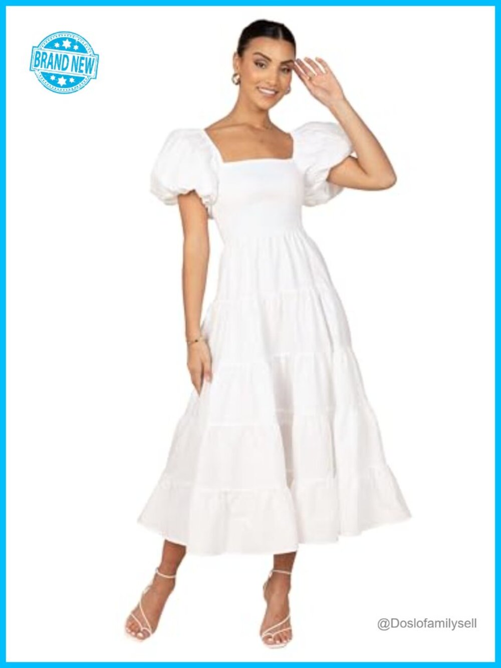 Puff Sleeve Shirred Midi Dress Square Neck Party Cocktail